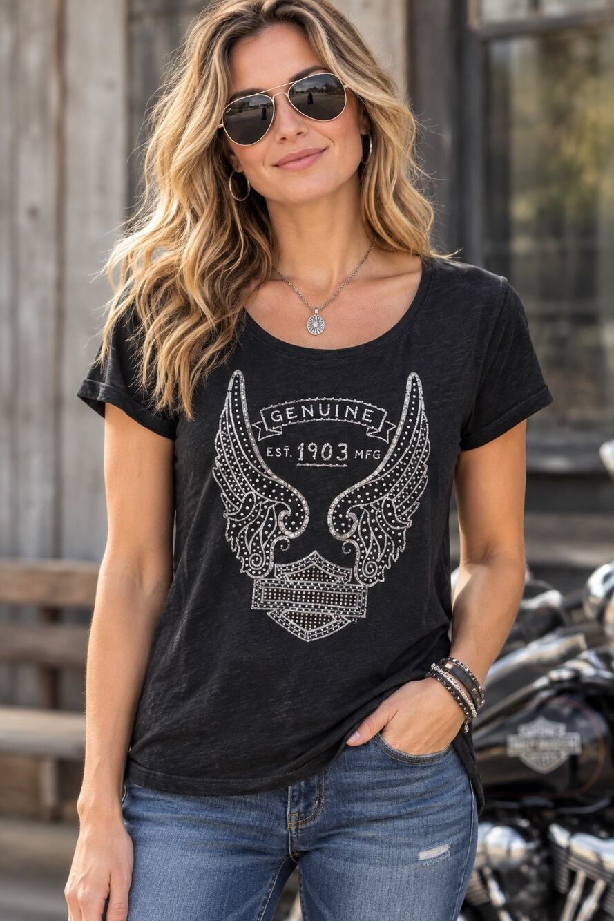 Harley Davidson T-shirt rhinestones black cotton womens L  genuine motorclothes